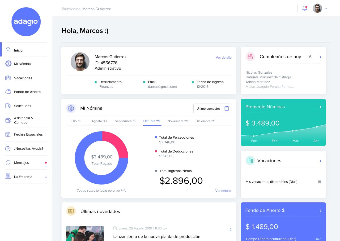 Dashboard AdagioRH - Sistema de Nómina y Recursos Humanos para empresas mexicanas