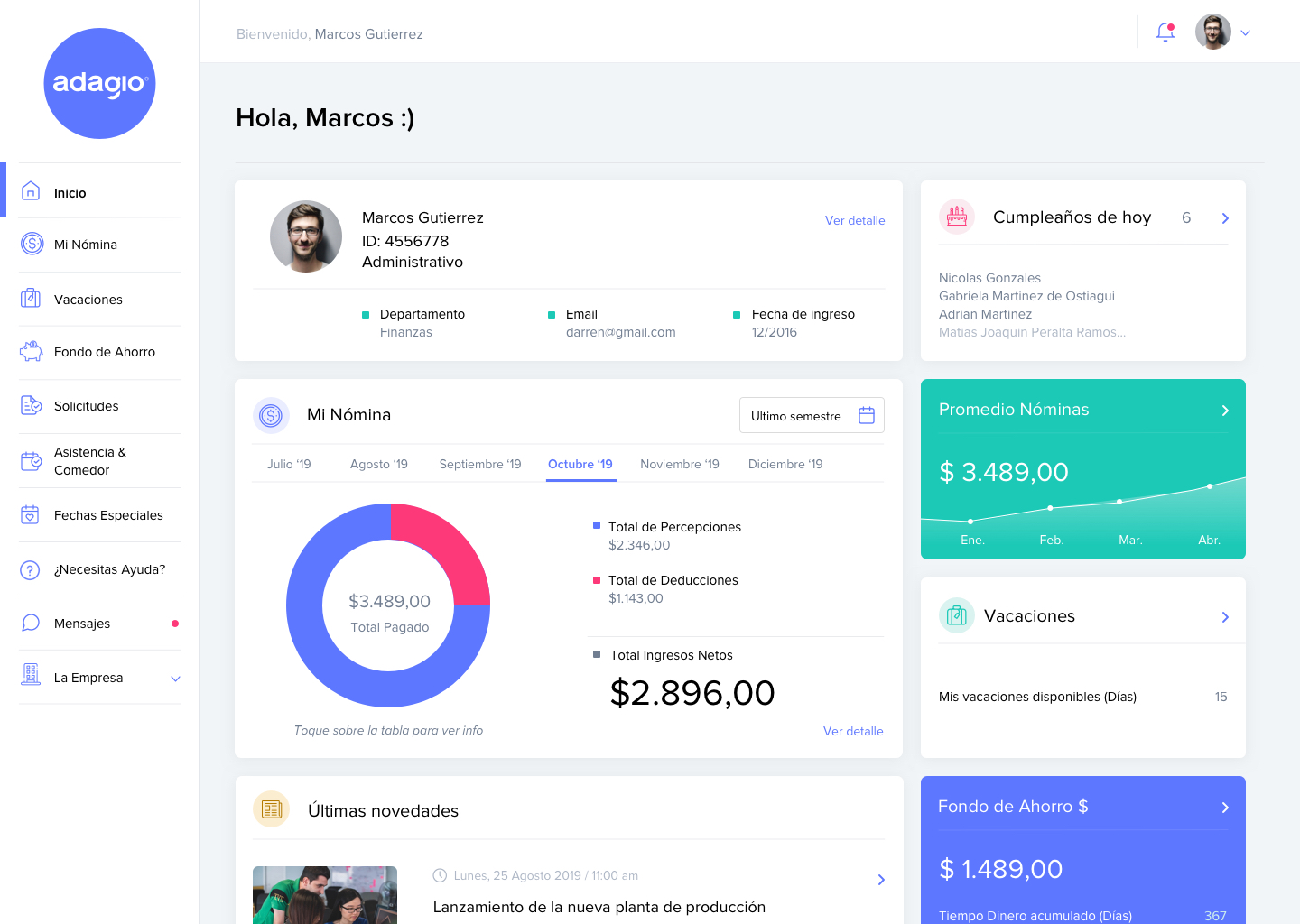 Dashboard AdagioRH - Sistema de N贸mina y Recursos Humanos para empresas mexicanas